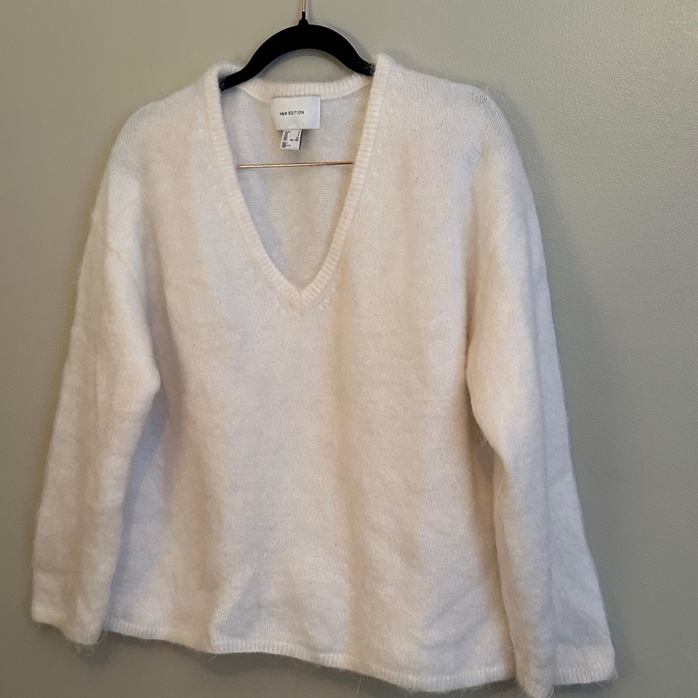 H&M Cream Mohair Blend V-Neck Sweater
